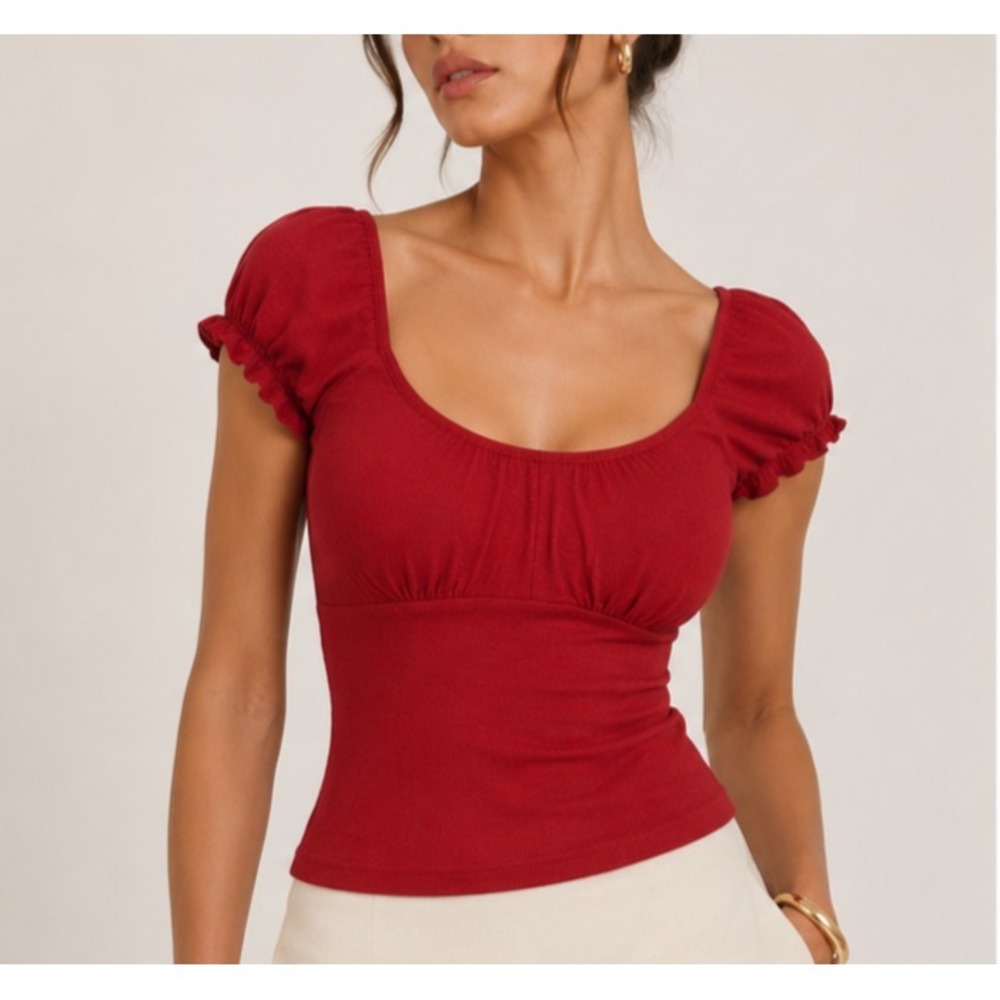 OGL Move  XS Plantive Ecosy Retro Brami Sleeveless Bra Puff Short Sleeve Red Top